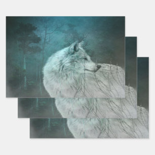 Beautiful Gray Wolf in a Dark Forest Wrapping Paper Sheet