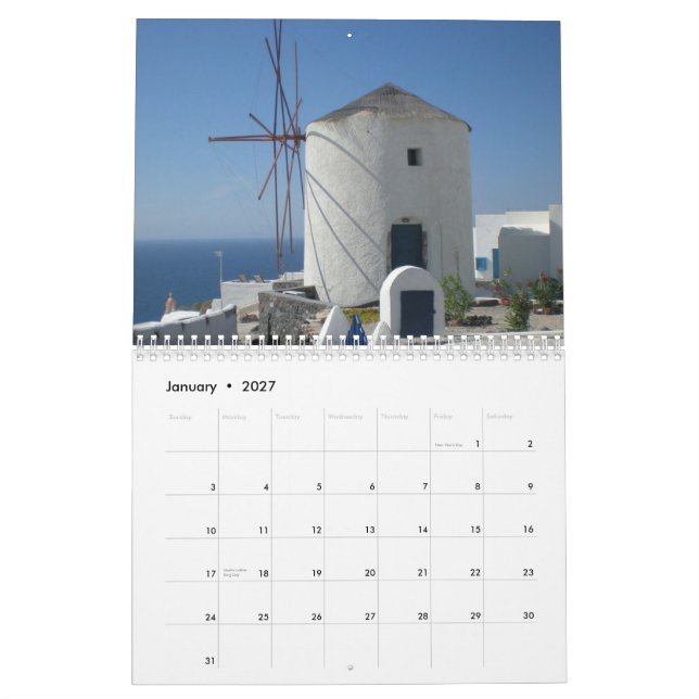 Beautiful Greece Santorini Blue Sea White House Calendar (Jan 2027)