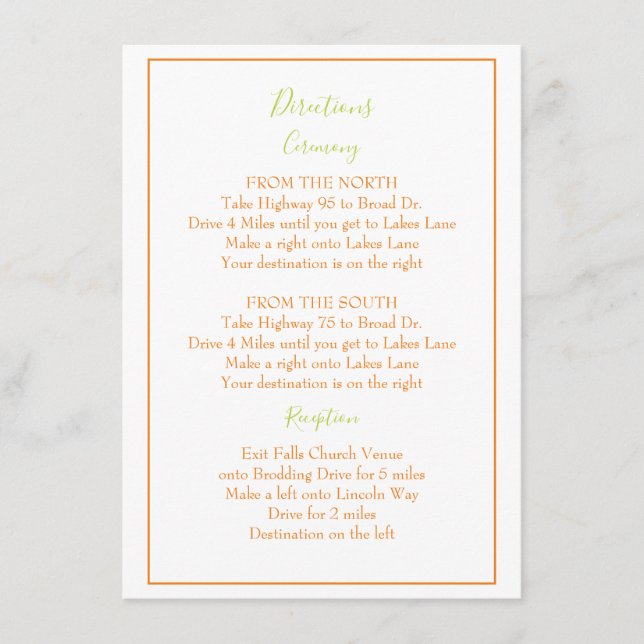 Beautiful green and orange directions enclosure card (Front)
