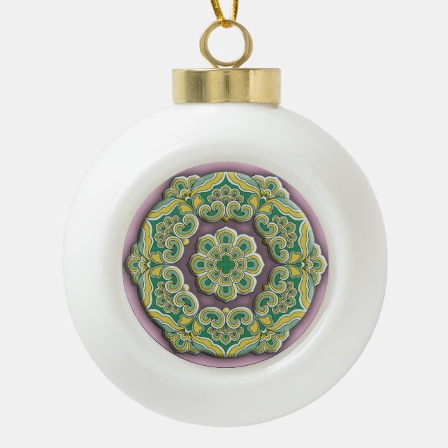 Beautiful green and purple Chinese style mandala Ceramic Ball Christmas Ornament (Front)