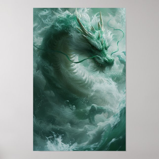 Beautiful Green and White Dragon Swimming Poster (Front)
