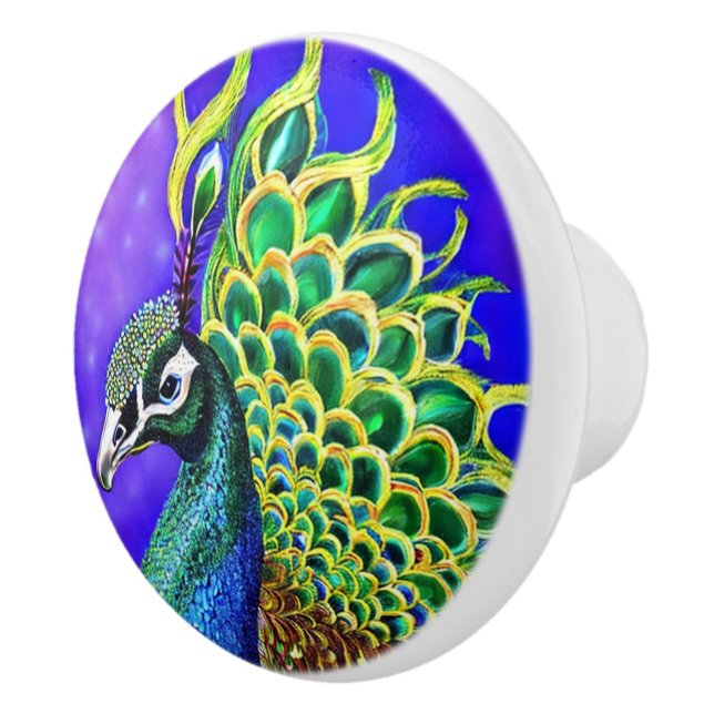 Beautiful green blue peacock illustration ceramic knob (Right)