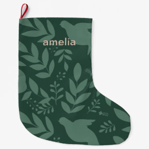 Beautiful Green Botanical Print with Name Large Christmas Stocking