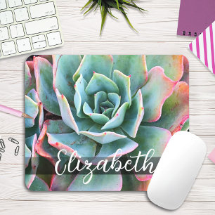 Beautiful Green Cactus Photo Custom Name Script Mouse Mat