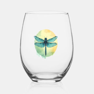 Beautiful Green Dragonfly Watercolor Art Insect Lo Stemless Wine Glass