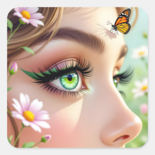Beautiful Green Eyed Fairy and Butterfly  Square Sticker