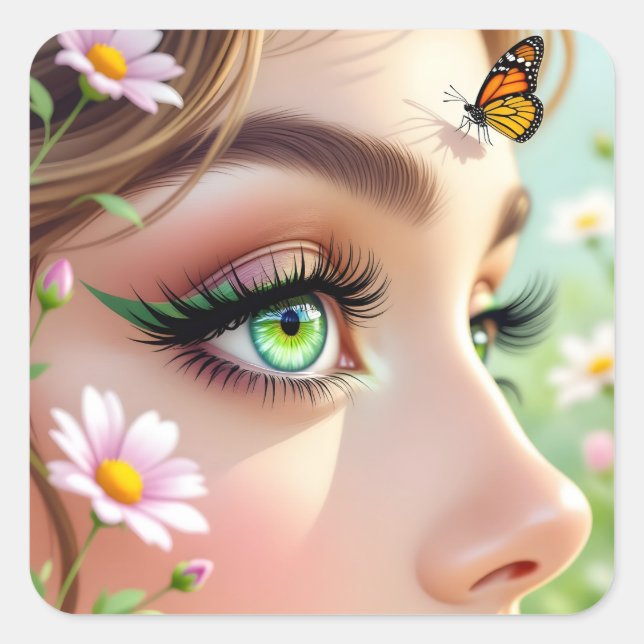 Beautiful Green Eyed Fairy and Butterfly  Square Sticker (Front)