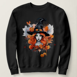 Beautiful Green Eyed Witch with Pumpkins Sweatshirt