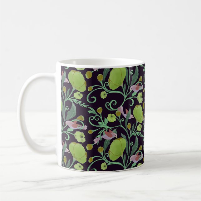 Beautiful green flowers, vines and pink birds  coffee mug (Left)
