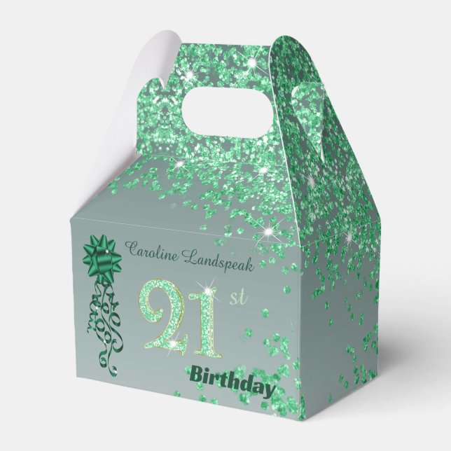 Beautiful Green Glitter & Ribbon 21st Birthday Favour Box (Front Side)
