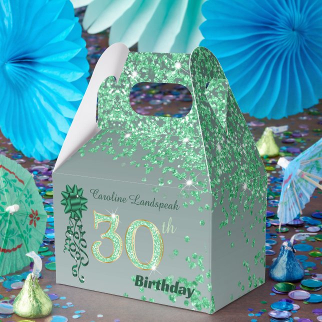 Beautiful Green Glitter & Ribbon 30th Birthday Favour Box (Party)