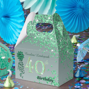 Beautiful Green Glitter & Ribbon 40th Birthday Favour Box