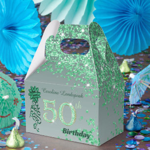 Beautiful Green Glitter & Ribbon 50th Birthday Favour Box