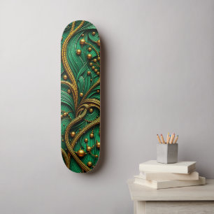 Beautiful Green & Gold Floral and Beads Abstract Skateboard