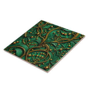 Beautiful Green & Gold Floral and Beads Abstract Tile