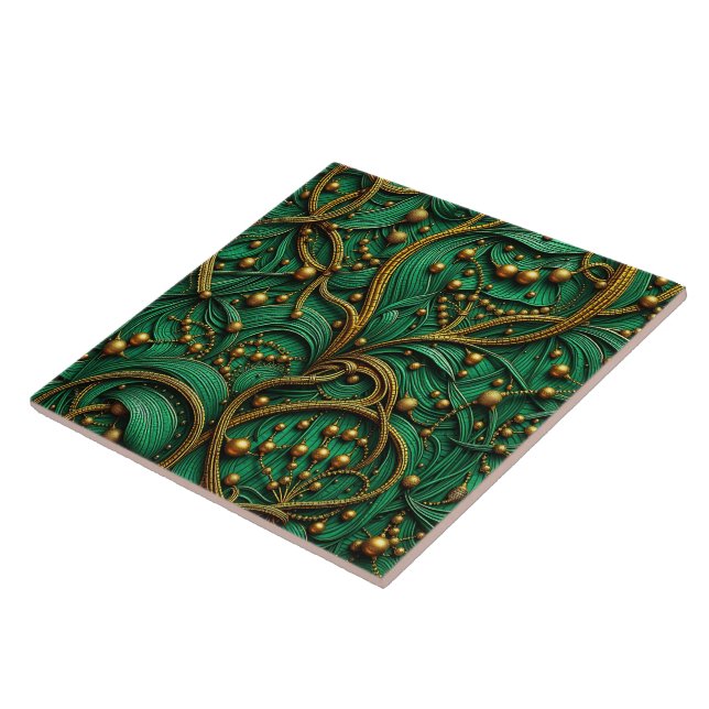Beautiful Green & Gold Floral and Beads Abstract Tile (Side)