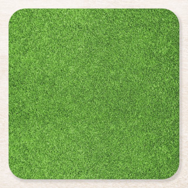 Beautiful green grass texture from golf course square paper coaster (Front)
