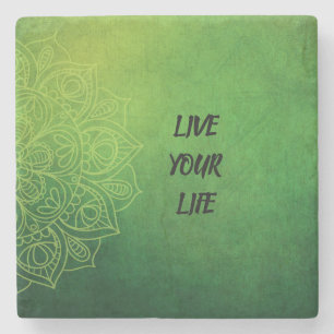 Beautiful Green Mandala with Quote Stone Coaster