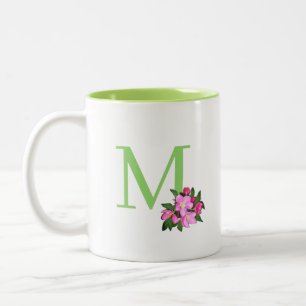 Beautiful green monogram with apple flowers Two-Tone coffee mug