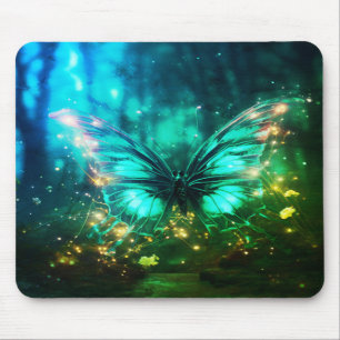 Beautiful Green Neon Butterfly On Computer Laptop Mouse Mat