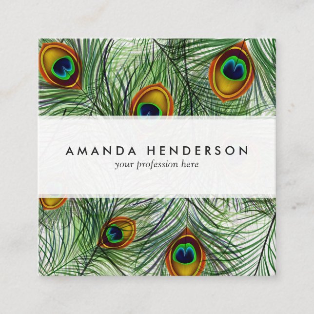 Beautiful Green Peacock Feather Square Business Card (Front)