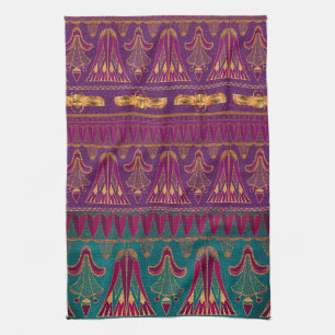 Beautiful green purple Ancient Egyptian pattern Tea Towel
