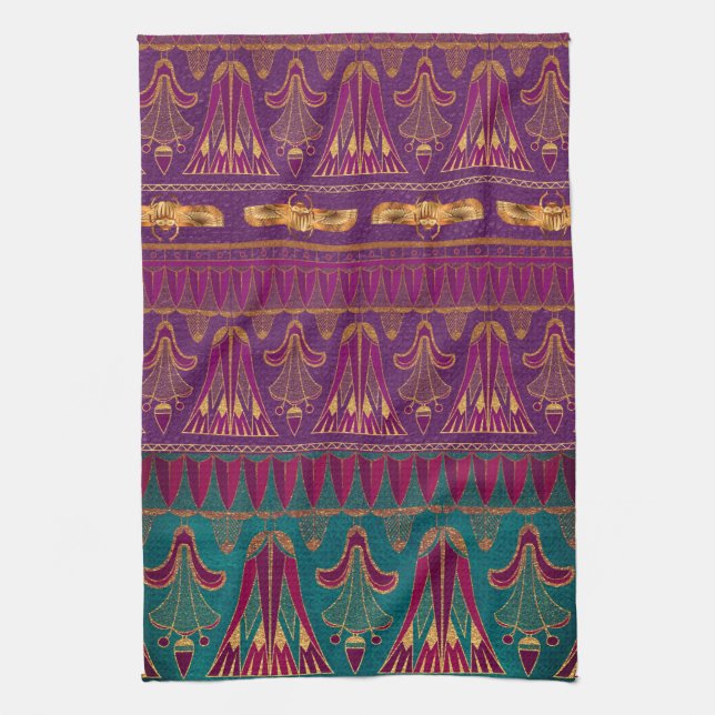 Beautiful green purple Ancient Egyptian pattern Tea Towel (Vertical)