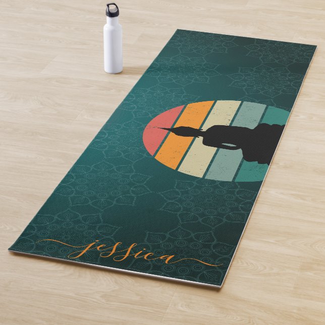 Beautiful Green Retro Sunset Mandala Custom Name Yoga Mat (In Situ)