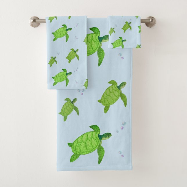 Beautiful Green Sea Turtles on Light Blue Bath Towel Set (Insitu)