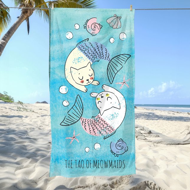 Beautiful Green Watercolor Tao of Meowmaids Beach Towel (Find your path to serenity and the right balance of cuteness with this yin yang tao inspired towel.)