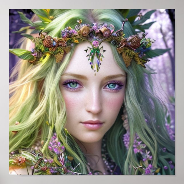 Beautiful Green-White Haired Druid Colourful Poste Poster (Front)