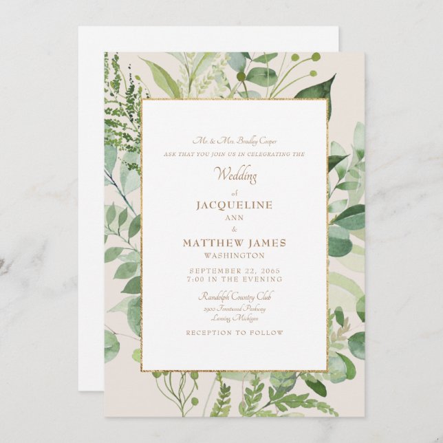 Beautiful Greenery Bride Parents Cream & Gold Invitation (Front/Back)