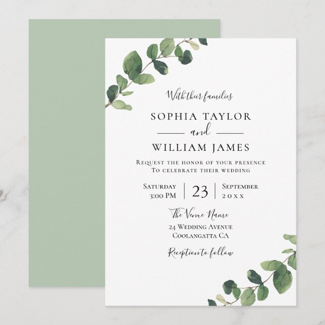 Beautiful Greenery: Watercolor Leaf Wedding Invitation (Front/Back)
