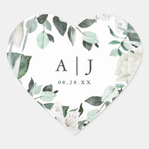 Beautiful Greenery with Monogram Wedding Date Hear Heart Sticker