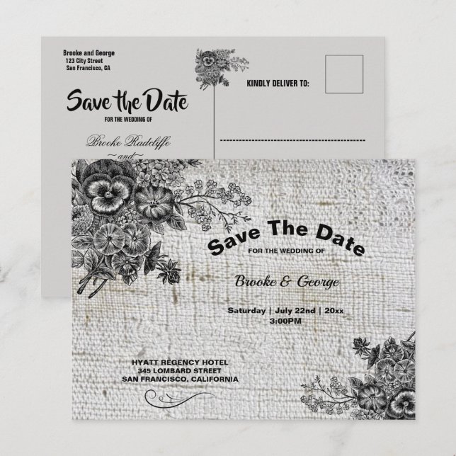 Beautiful Grey and Black Flowers Save The Date Announcement Postcard (Front/Back)