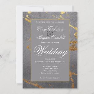 Beautiful Grey And Gold Marbling Wedding Announcement