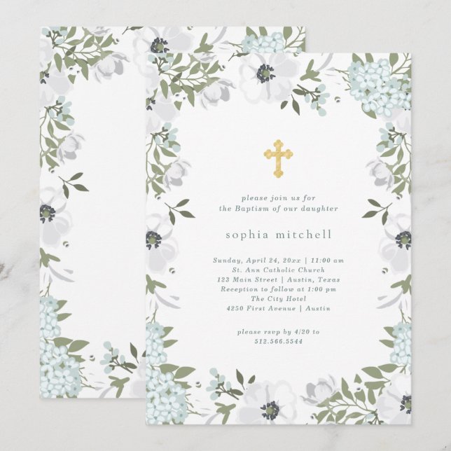 Beautiful Grey and White Floral | Baptism Invitation (Front/Back)