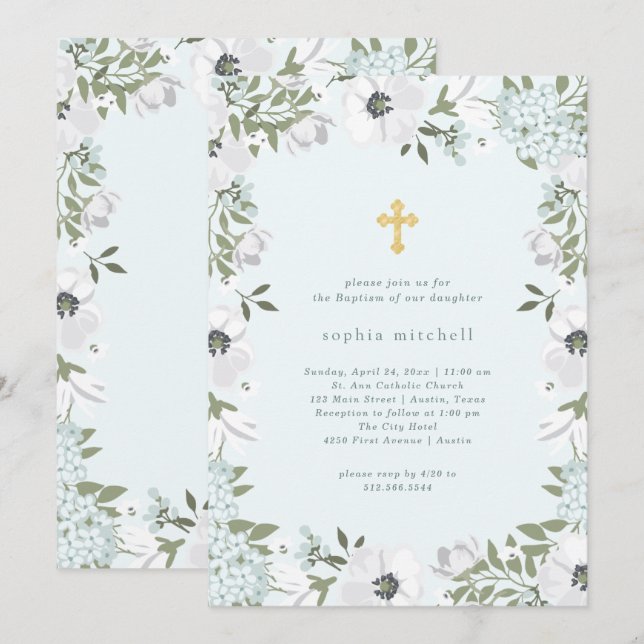 Beautiful Grey and White Floral on Blue | Baptism Invitation (Front/Back)
