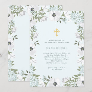 Beautiful Grey and White Floral on Blue   Baptism Invitation