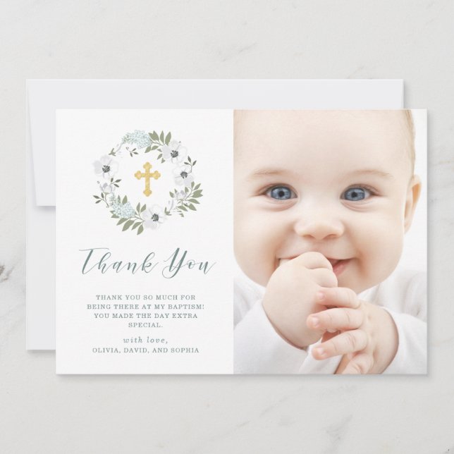 Beautiful Grey and White Floral | Photo Baptism Thank You Card (Front)