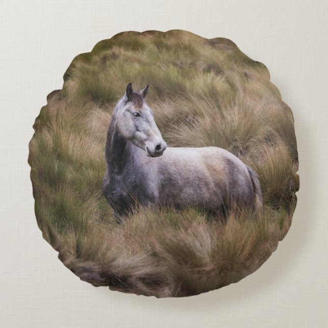 Beautiful Grey Coloured Horse Round Cushion (Front)