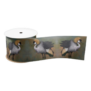 Beautiful Grey Crowned Crane - Migned Painting Art Satin Ribbon