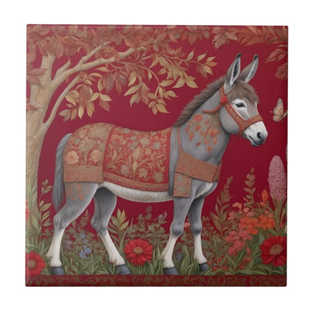 Beautiful Grey Donkey Red Countryside  Tile (Front)