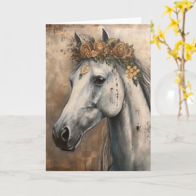 Beautiful Grey Horse in a Boho Crown all occasions Card (Yellow Flower)