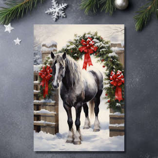Beautiful Grey Horse with Winter Garland Christmas Holiday Card