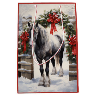 Beautiful Grey Horse with Winter Garland Christmas Medium Gift Bag