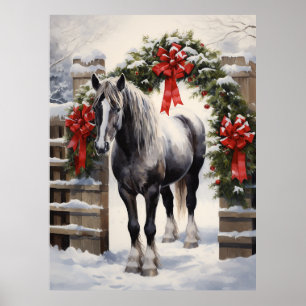 Beautiful Grey Horse with Winter Garland Christmas Poster