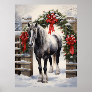 Beautiful Grey Horse with Winter Garland Christmas Poster