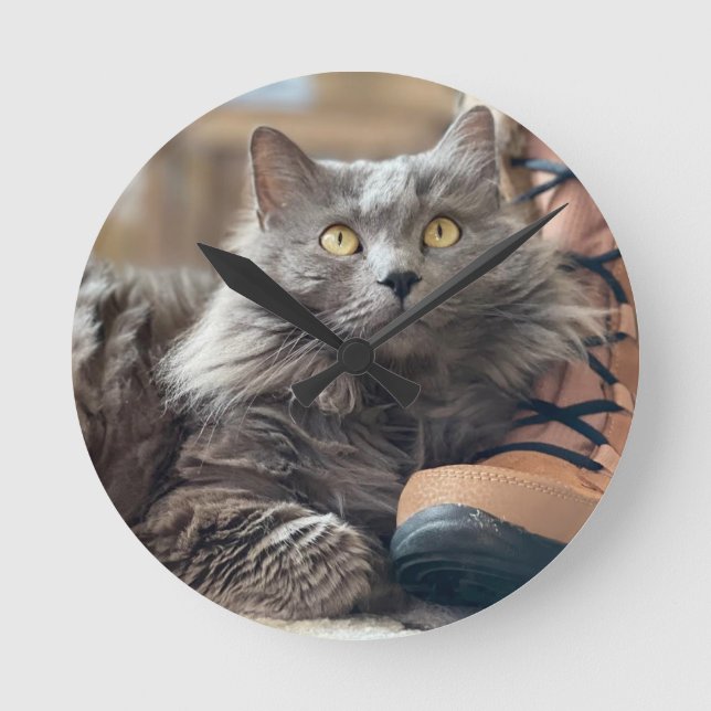 Beautiful Grey Nebelung Long Hair Russian Blue Cat Round Clock (Front)