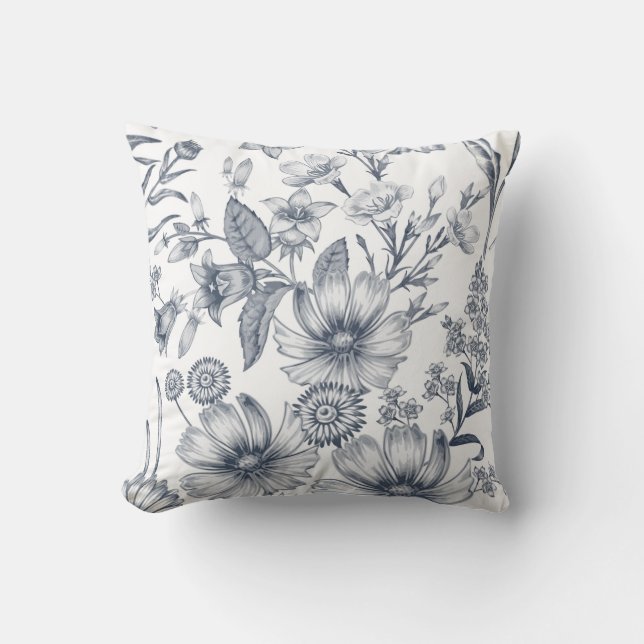 Beautiful Grey Scale Floral Sketch Drawing Cushion (Front)